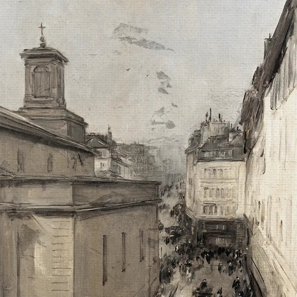 A monochromatic painting depicting a busy street scene with buildings and a clock tower, featuring a cloudy sky and people below.