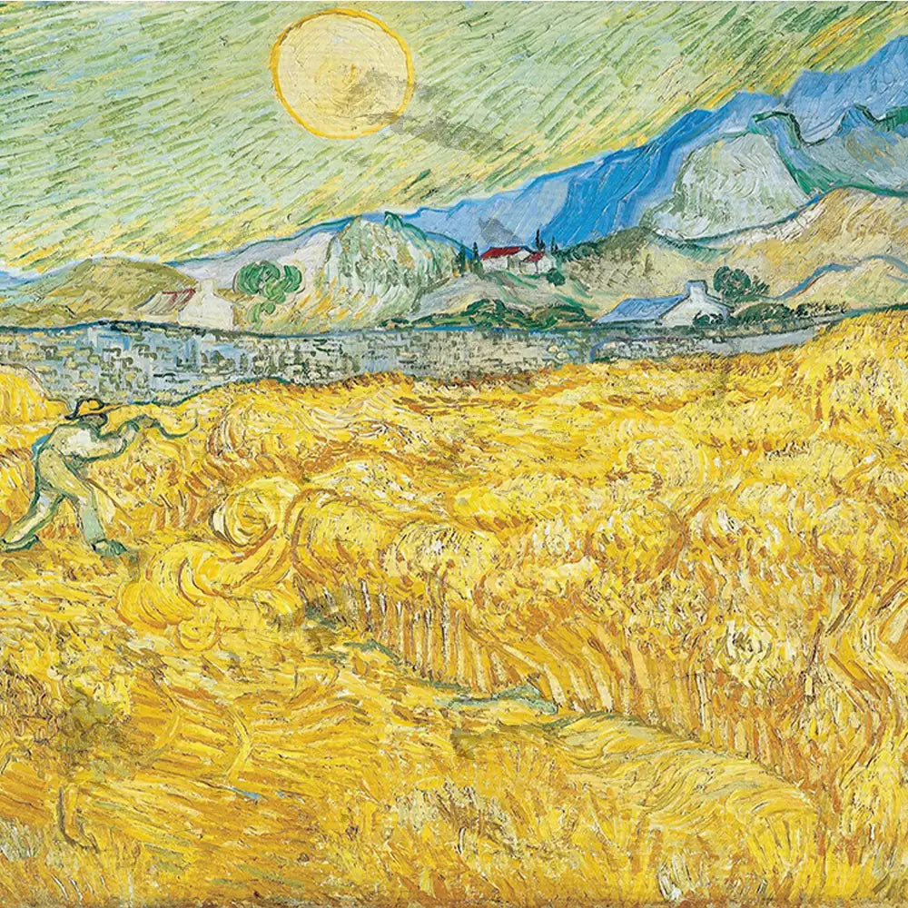 Post-impressionist painting of a golden wheat field with a farmer at work, under a bright sun and mountainous background.