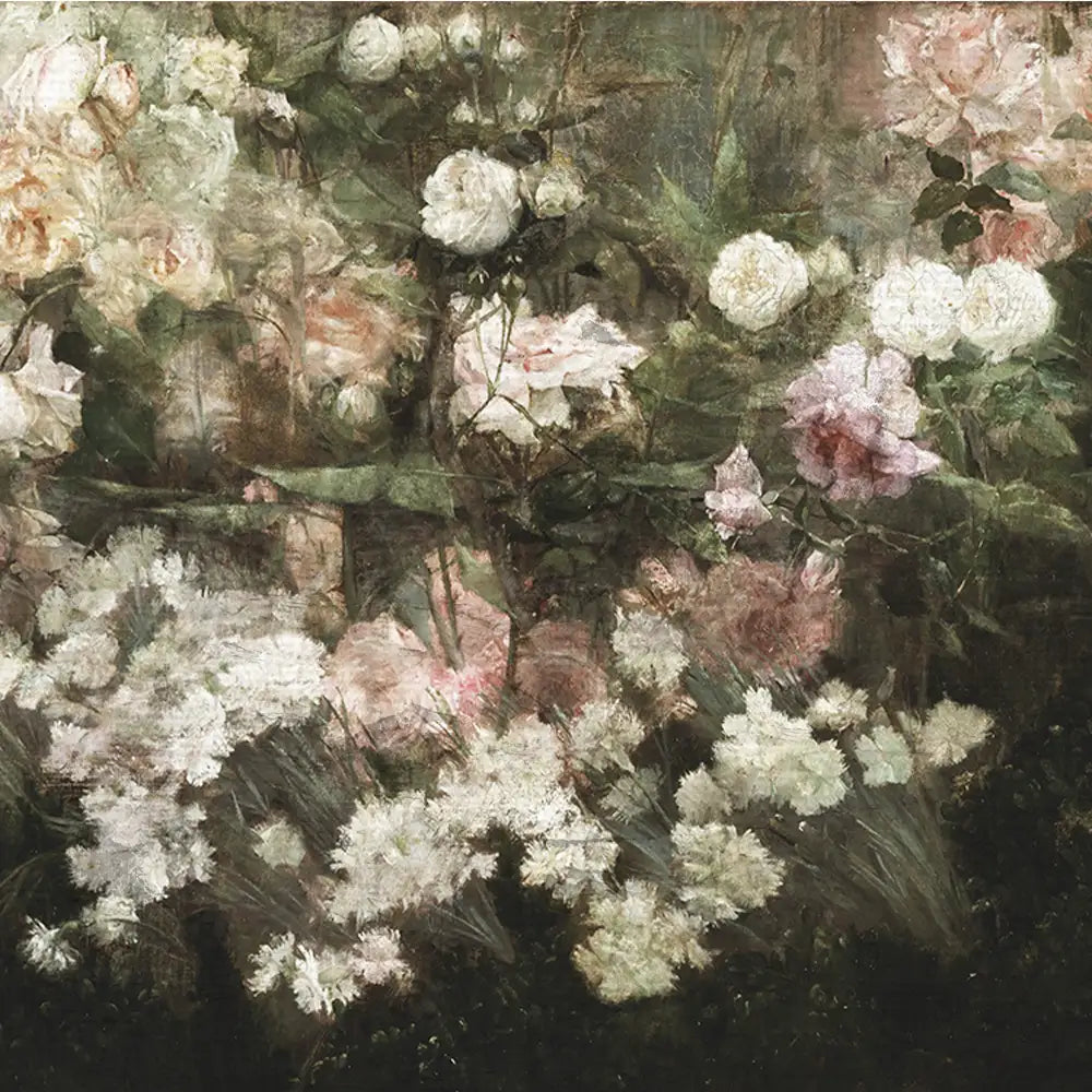 A vibrant floral painting featuring various shades of roses and white flowers with a soft, impressionistic background.