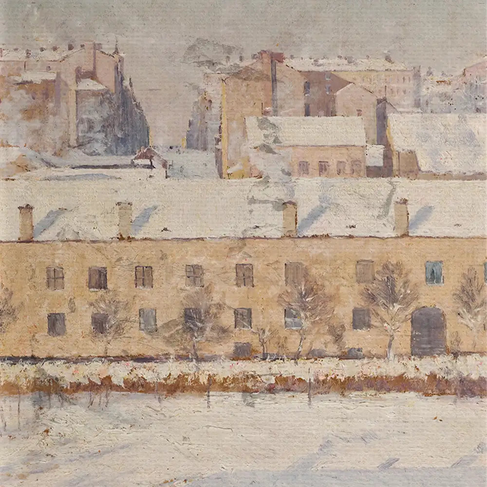 Winter scene painting featuring a row of buildings with snow-covered roofs and leafless trees in the foreground.