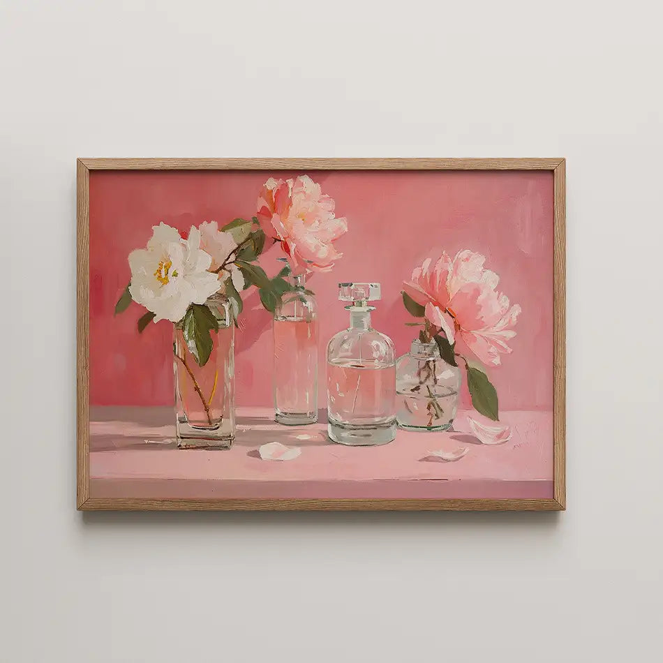 Painting of three vases with pink peonies and a white flower on a pink background, framed in wood.