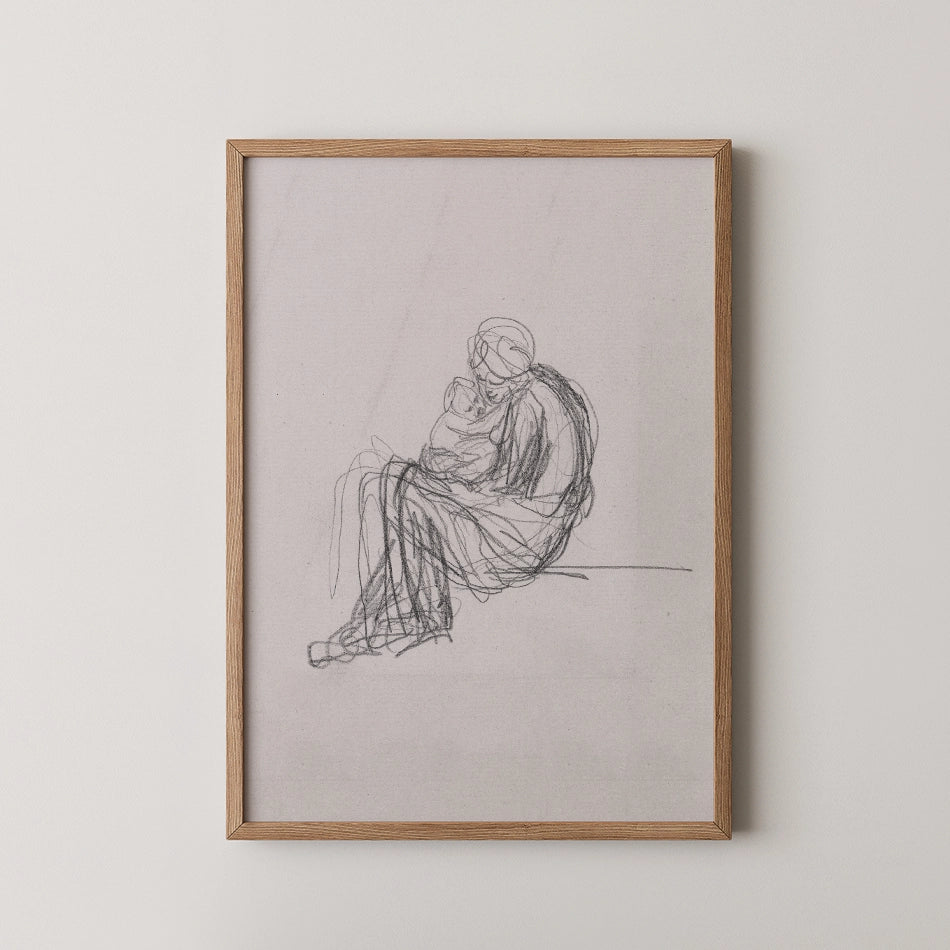 Framed sketch of a seated figure holding a child, presented on light background.