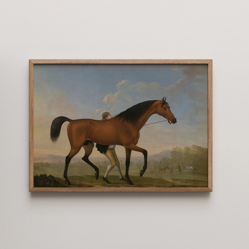 Painting of a brown horse being led by a boy in historical attire, set against a serene landscape with horses in the background and a cloudy sky.