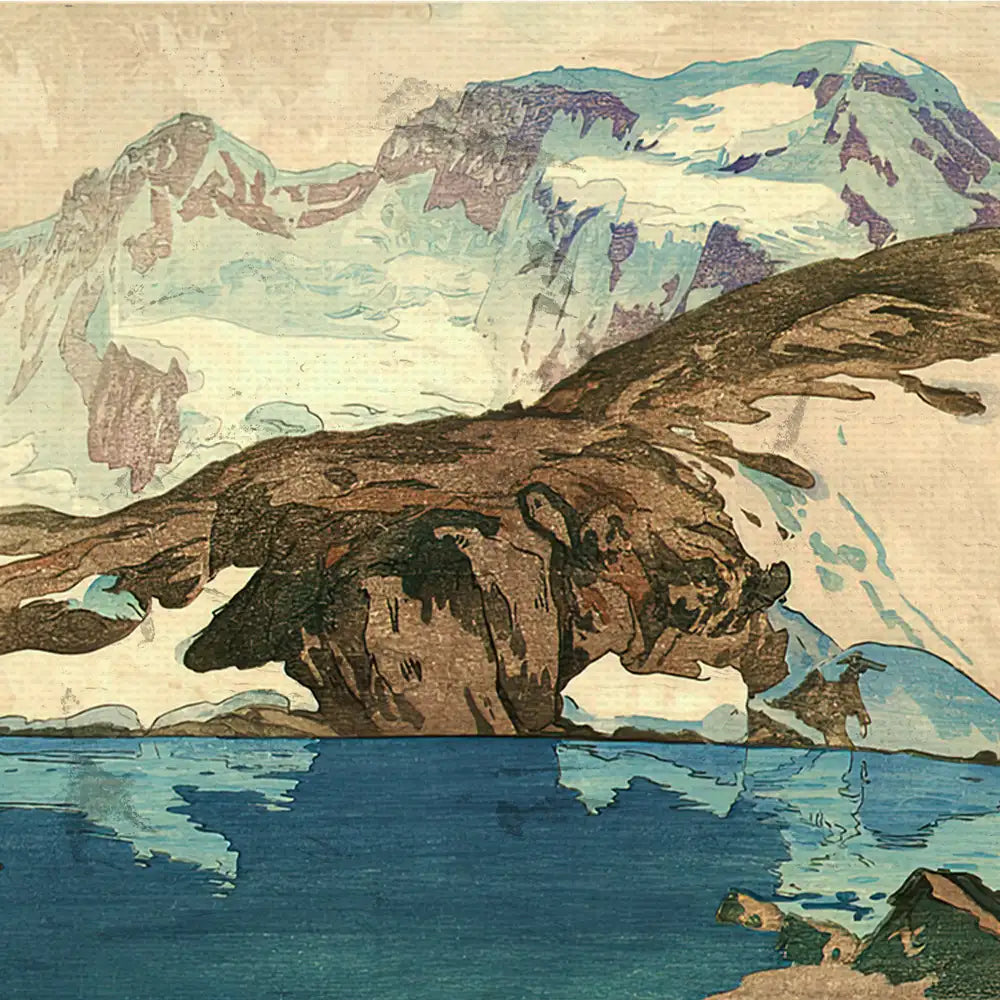 A serene landscape painting featuring majestic mountains, a calm lake reflecting the scenery, and a blend of earthy and cool tones.