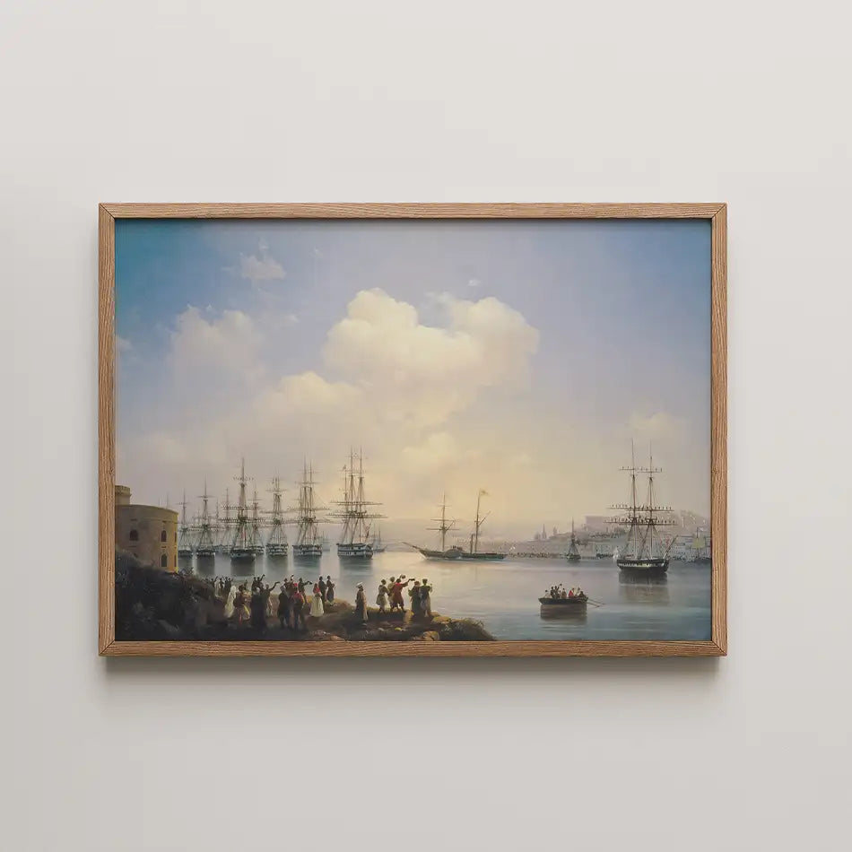 Framed painting of a bustling harbor scene with multiple ships and people on the shore under a blue sky with fluffy clouds.