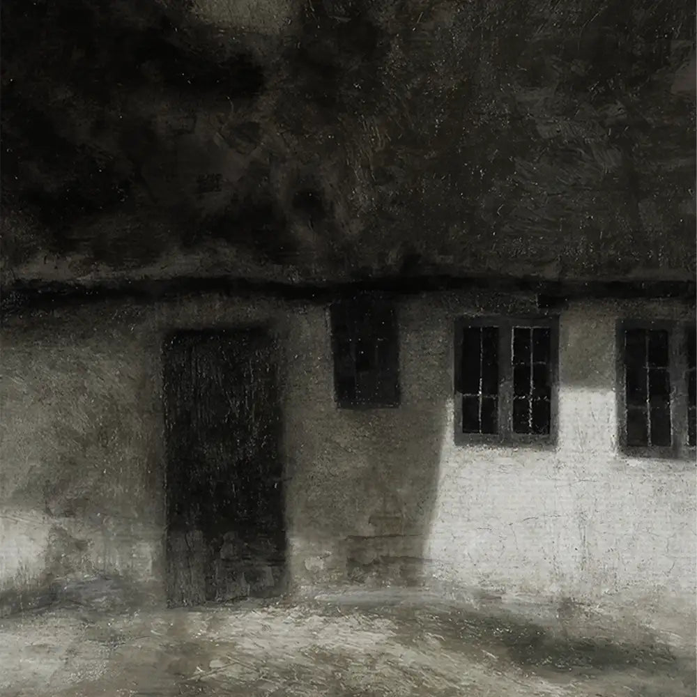 Abstract painting of a dark, rustic building with a thatched roof and windows, evoking a moody atmosphere.