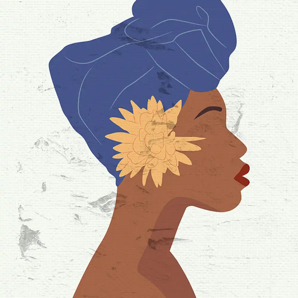 Modern poster featuring a stylized profile of a woman with a blue headwrap and a floral accent, showcasing contemporary art aesthetics.