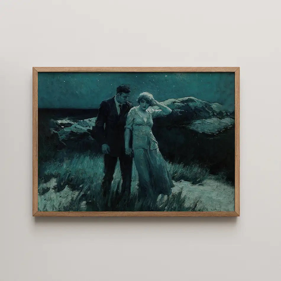 Painting of a couple standing together on a beach at night, surrounded by rocky formations and grass, framed in a wooden border.