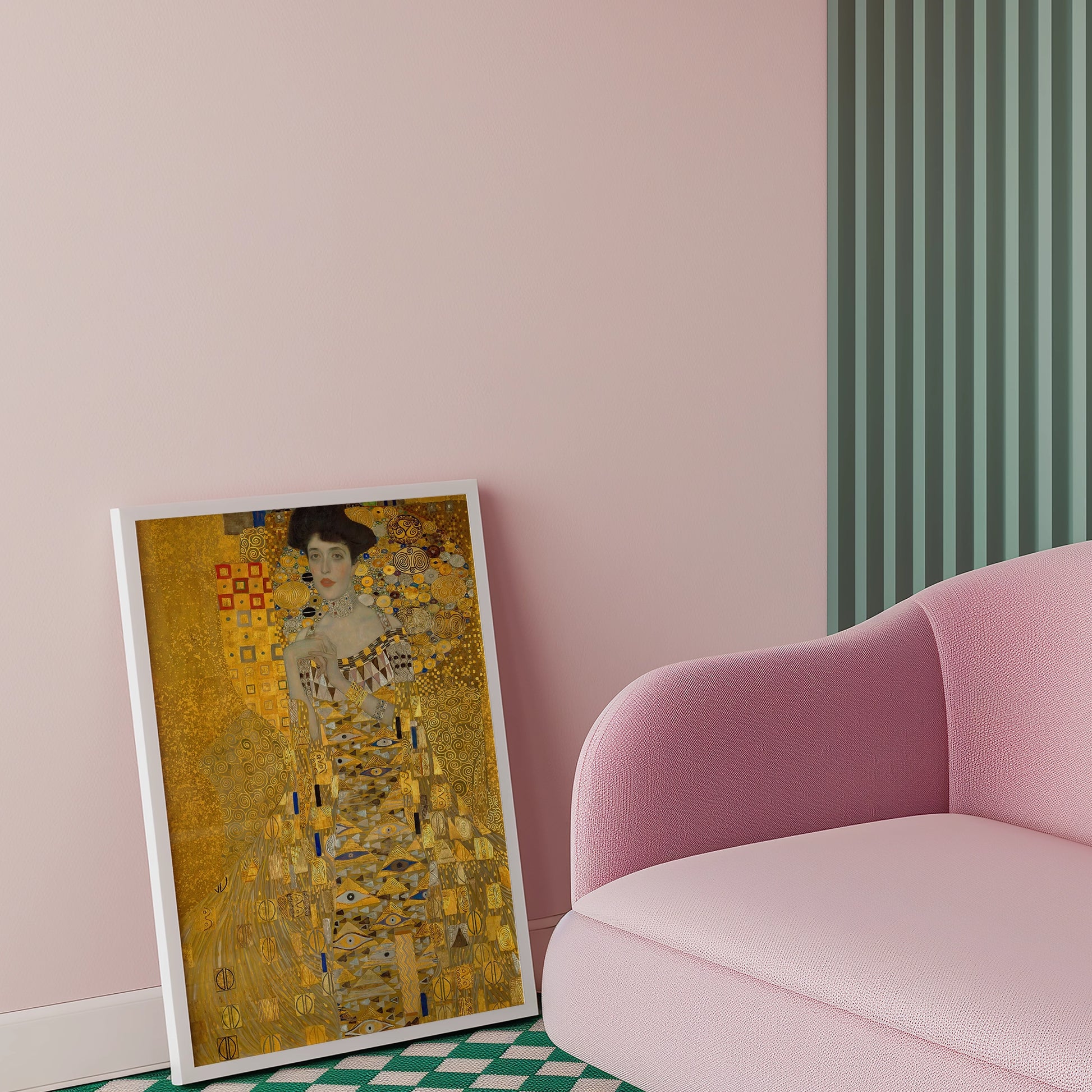 Painting of a woman in a golden dress displayed in a white frame, leaning against a pink wall next to a pink sofa.
