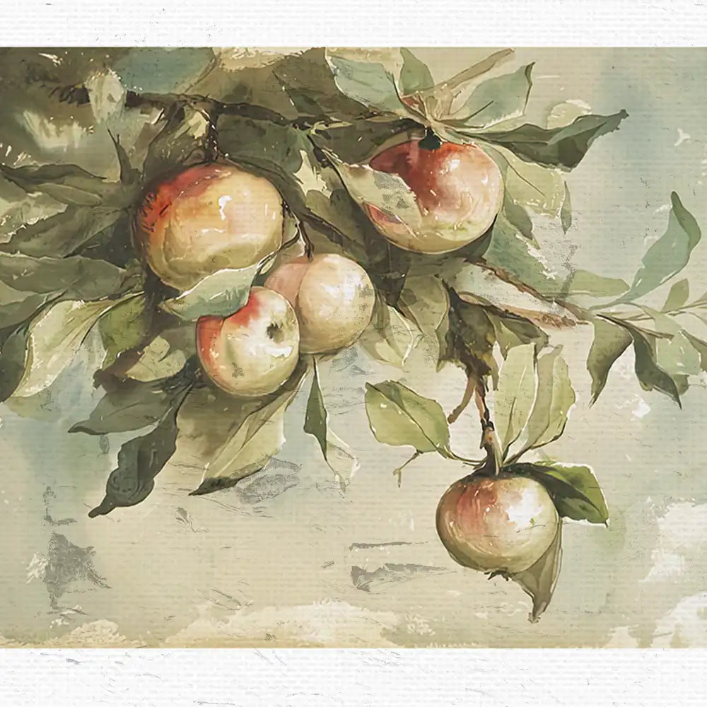 Watercolor painting of apples on a branch with green leaves.