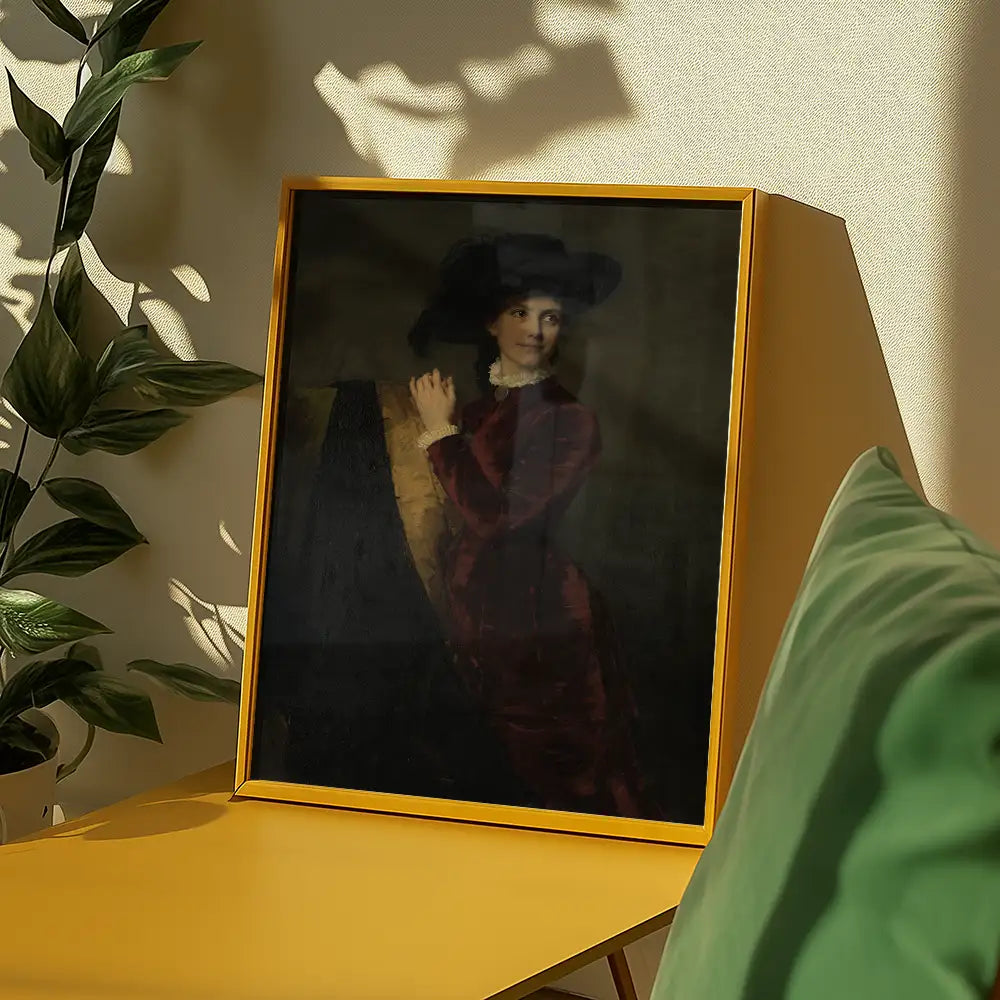 Framed painting of a woman in a red dress and black hat displayed on a yellow table with green cushions and a plant in the background.