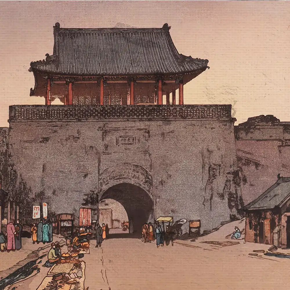 Colorful painting of an ancient city gate with a pagoda-style roof, depicting bustling market scenes and people in traditional attire.