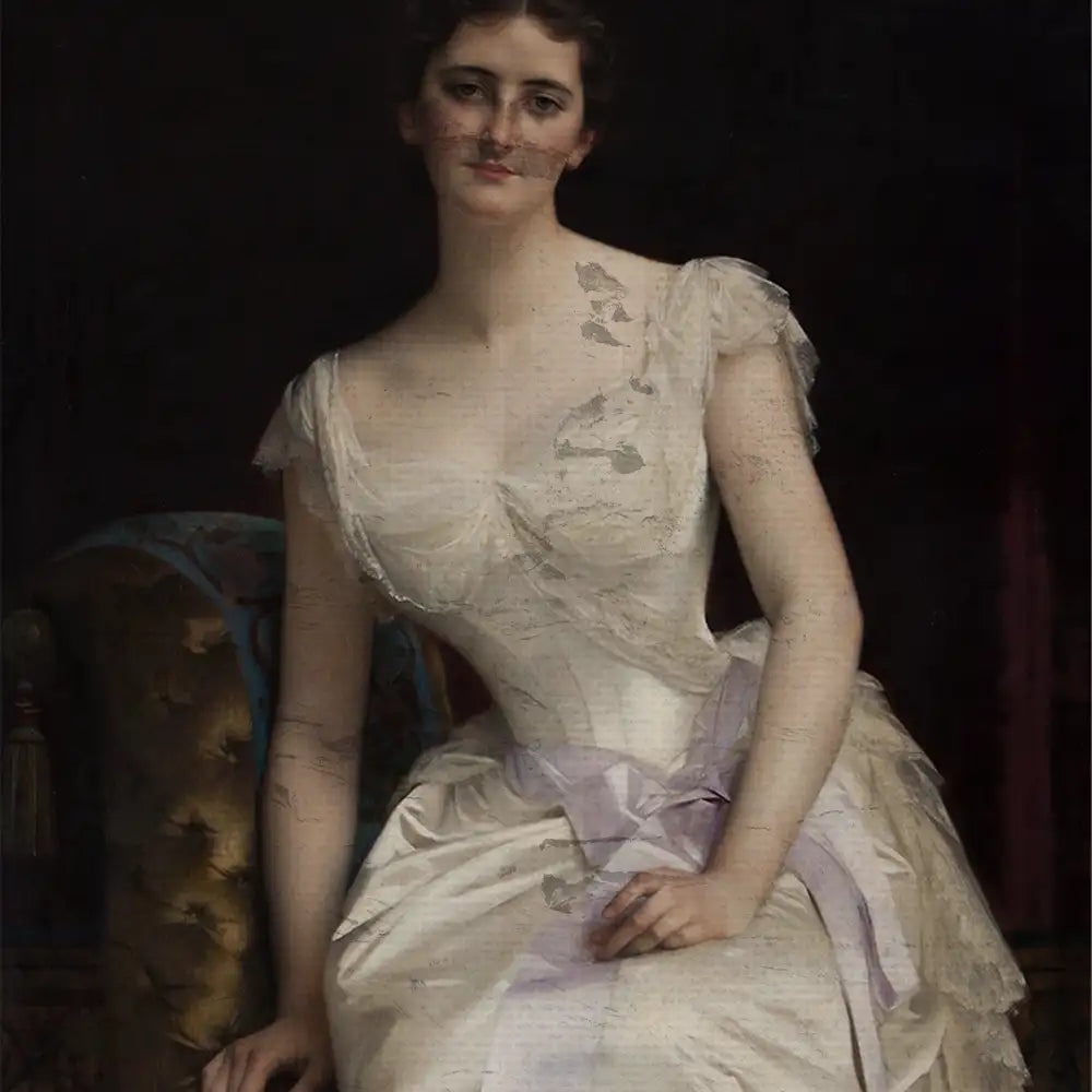 Portrait of a young woman in an elegant white gown sitting on a chair, with soft lighting and a dark background.