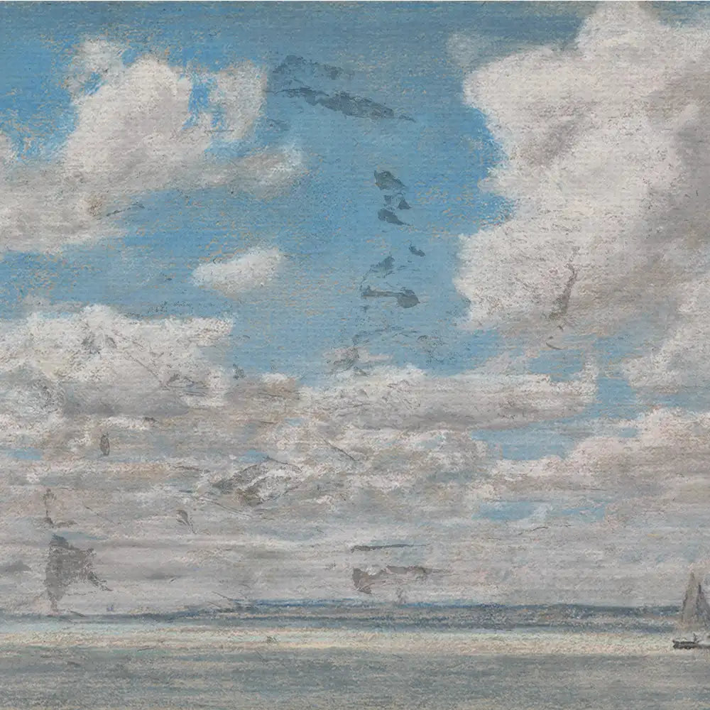 Painting of a blue sky with fluffy white clouds above a calm sea with distant sailboats.