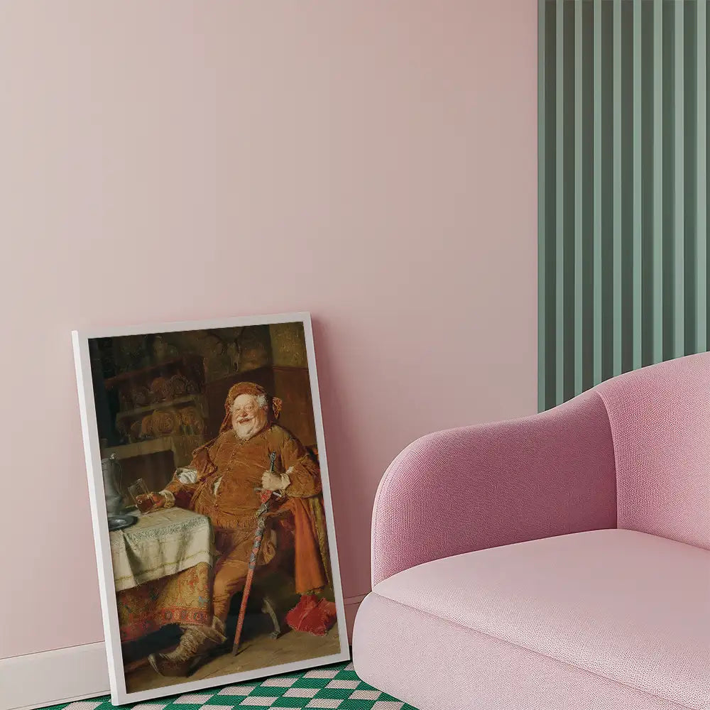 Framed painting of a jovial man sitting at a table, adorned in rich brown clothing, leaning on a cane, with a pink sofa and striped green wall in the background.