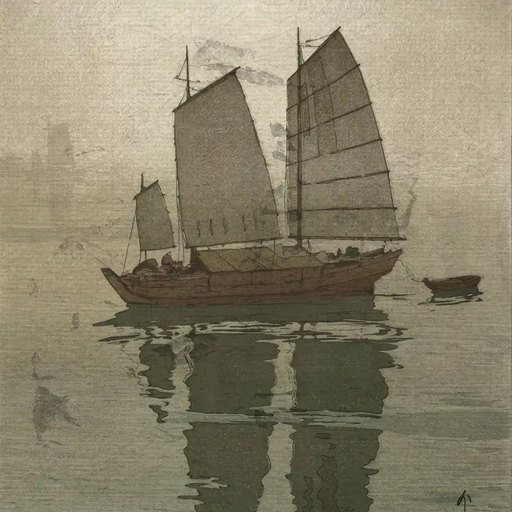 Painting of a traditional sailing boat with two sails, reflected on calm water, in a muted color palette.