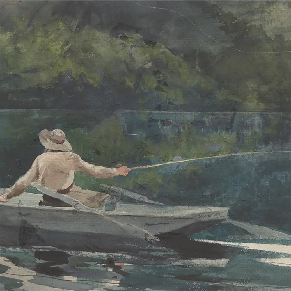 Watercolor painting of a fisherman in a small boat casting a line on a tranquil lake surrounded by lush greenery.