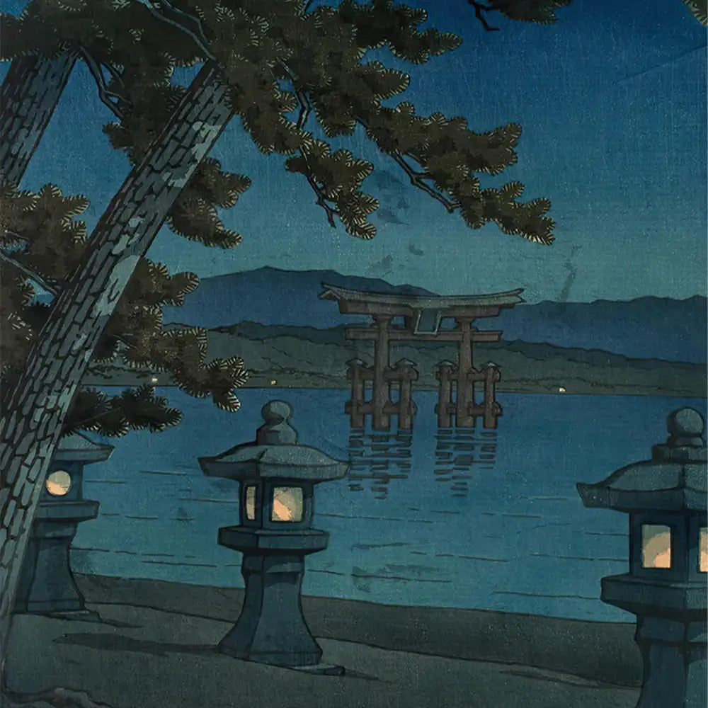 Traditional Japanese landscape painting featuring a serene night scene with lanterns and a torii gate reflected in water, framed by pine trees.