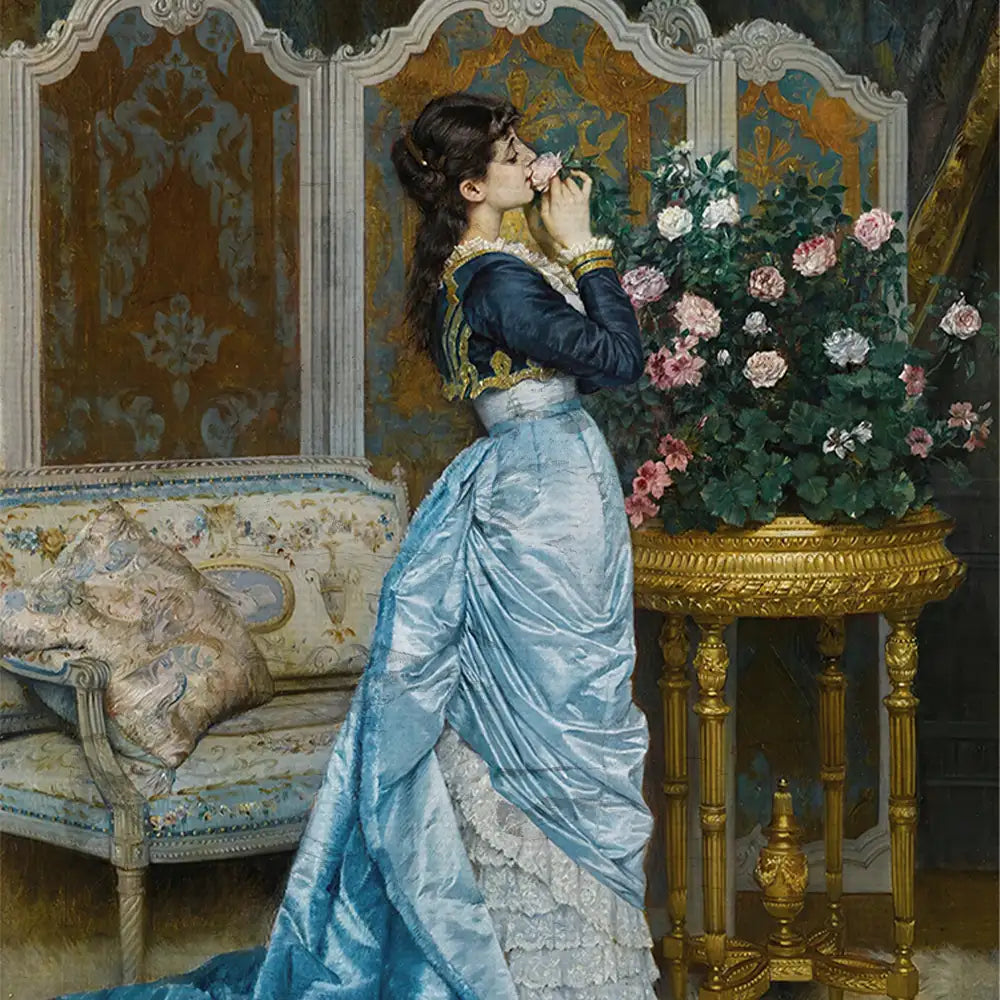 Victorian woman in a blue gown admiring a rose, standing beside an ornate floral arrangement and a vintage couch in an elegant interior.