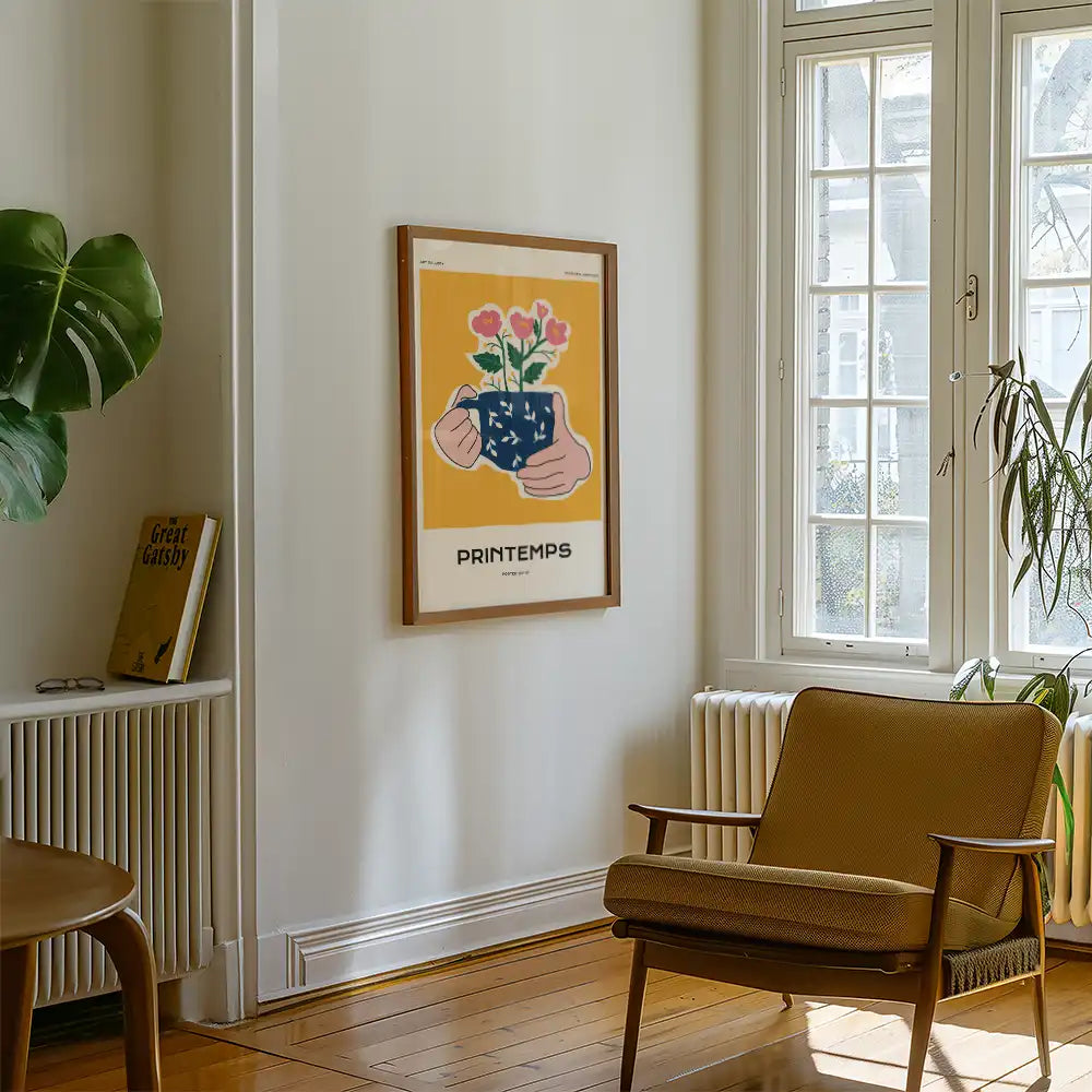 Modern poster of a famous painting featuring hands holding a blue pot with flowers, titled "PRINTEMPS," displayed in a stylish living room setting.