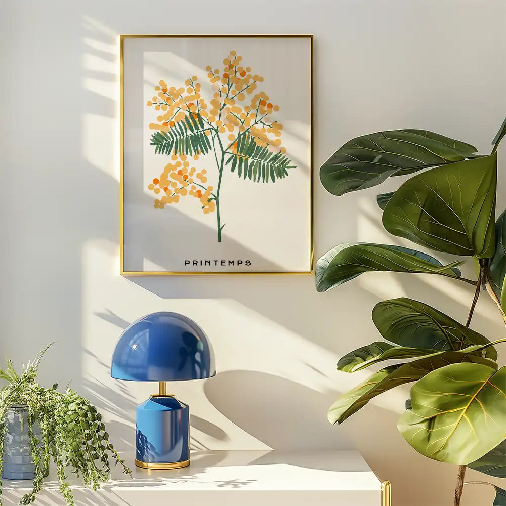 Modern botanical art print featuring yellow blossoms and green leaves in a gold frame, complemented by stylish home decor.
