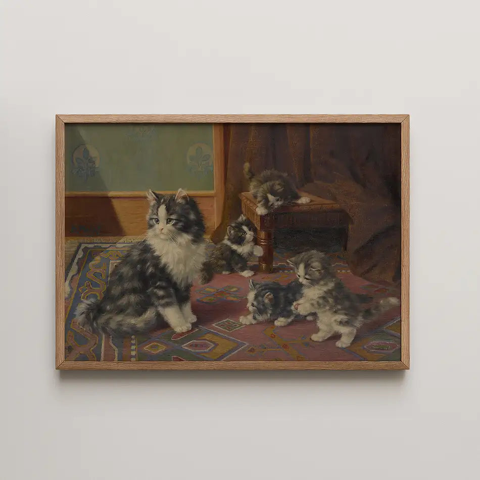 Cat and four kittens depicted in a vintage-style painting, with a wooden frame and colorful patterned rug in a cozy interior setting.