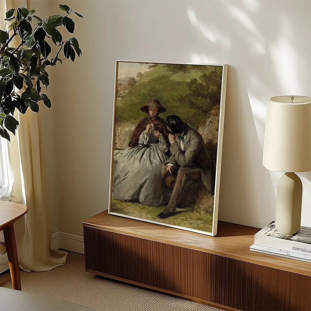 Classic romantic painting displayed on a wooden shelf next to a lamp and plant.