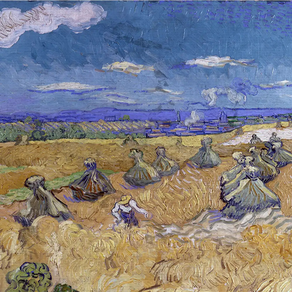 Painting of a golden wheat field with figures harvesting, under a blue sky with fluffy clouds, inspired by post-impressionist style.