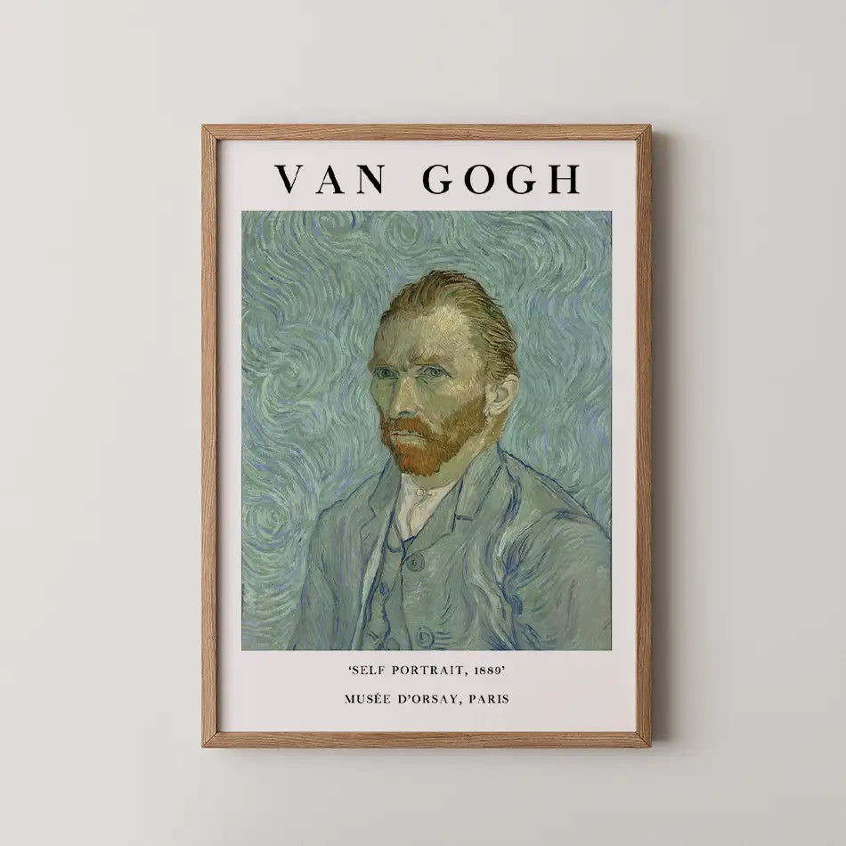 Framed poster of Vincent van Gogh's "Self Portrait, 1889" with text detailing the artist's name and museum location.
