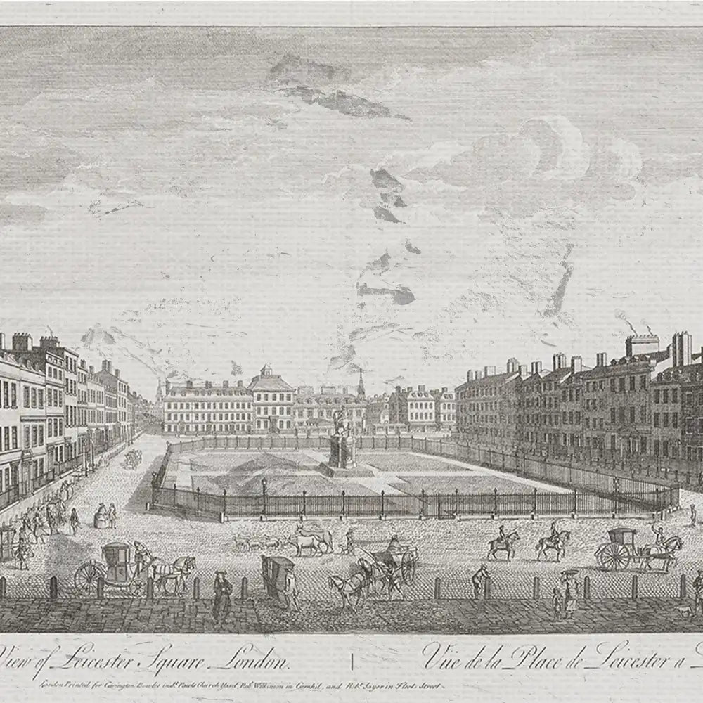 Engraved print depicting Leicester Square in London with a view of buildings, a statue, and horse-drawn carriages.