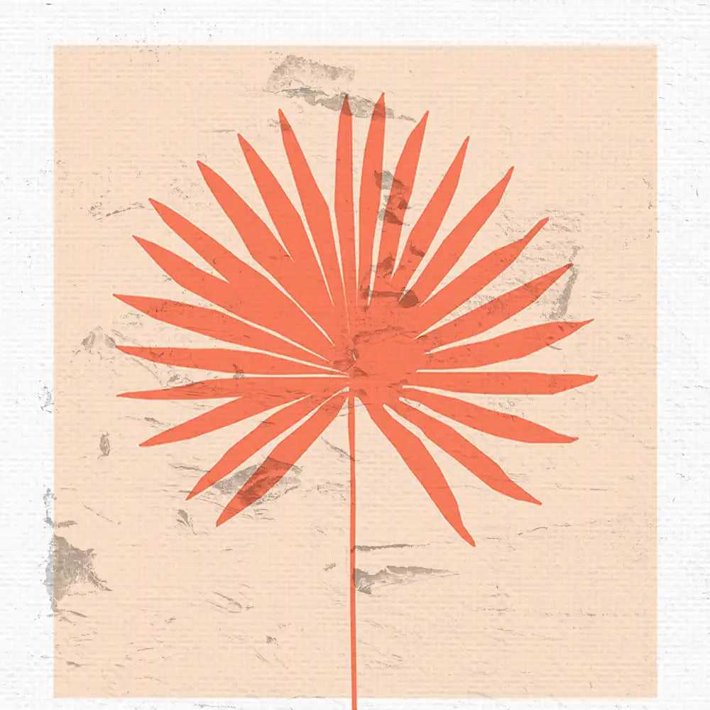 Modern wall art poster featuring a stylized orange palm leaf design on a textured beige background, perfect for home decor.