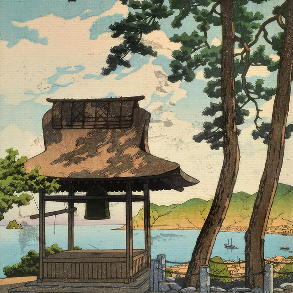Painting of a traditional bell tower surrounded by trees, overlooking a serene seascape with distant hills and a boat in the water.