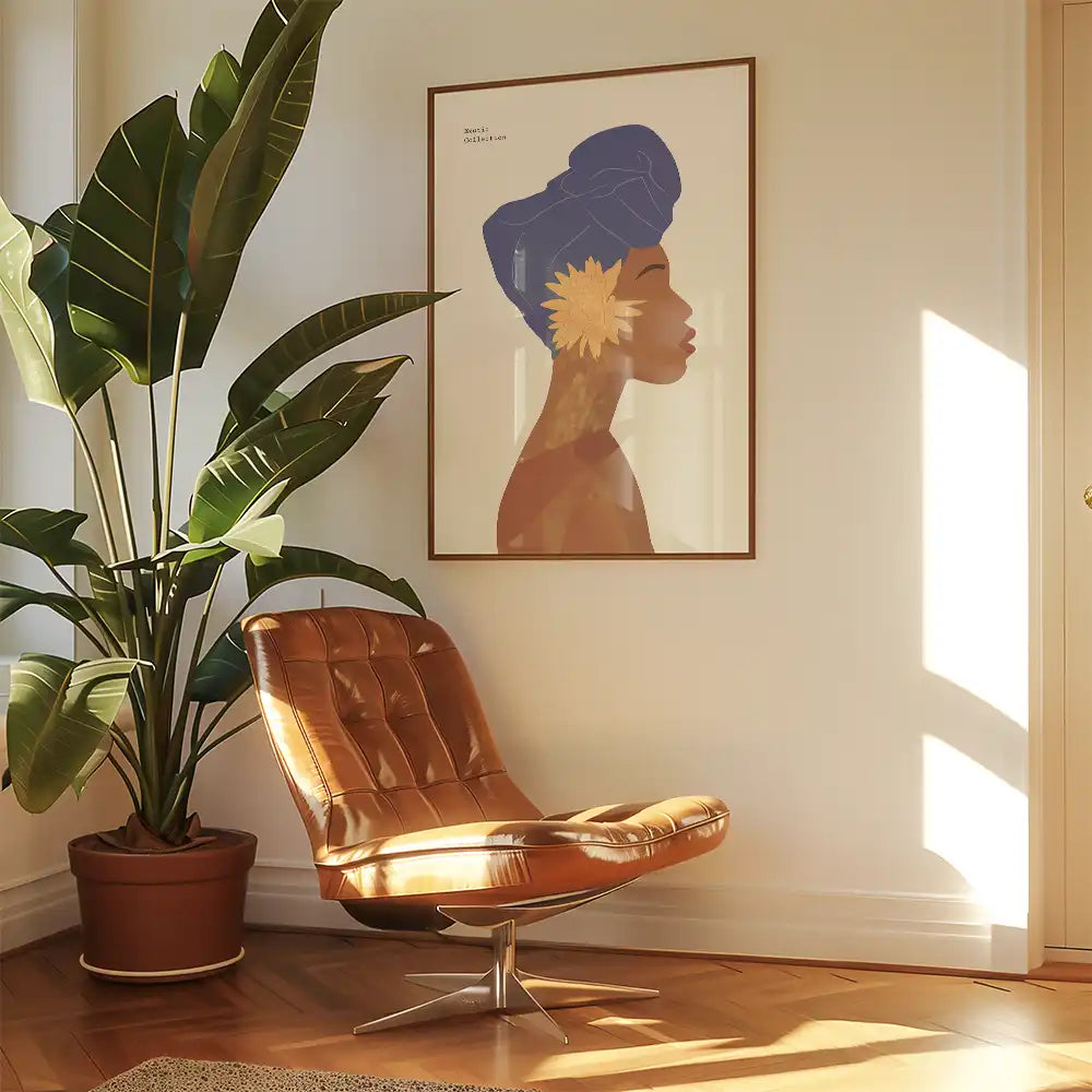 Modern reprint of a famous painting featuring a woman with a blue headwrap and flower earring, styled in contemporary decor with a brown chair and green plant.