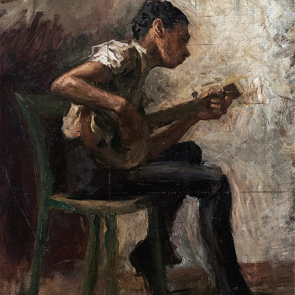 Painting of a young man sitting on a green chair, playing a stringed instrument against a textured backdrop.