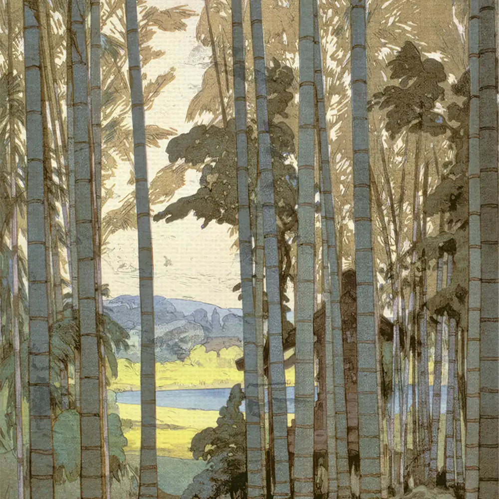 A serene landscape painting featuring tall bamboo stalks, lush greenery, and a distant view of hills under a soft sky.