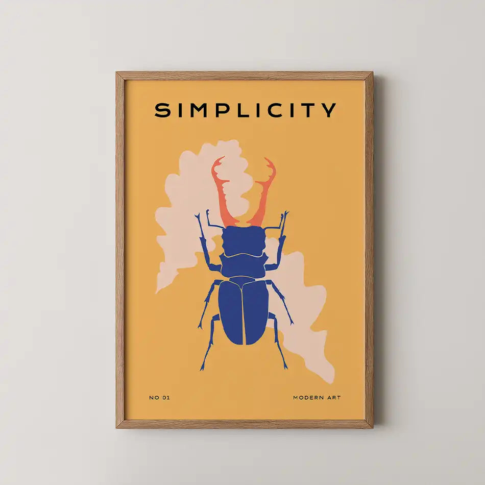 Alt text: "Minimalistic art print of a blue stag beetle with red antlers against a warm orange background, featuring modern typography stating 'SIMPLICITY,' perfect for contemporary decor."