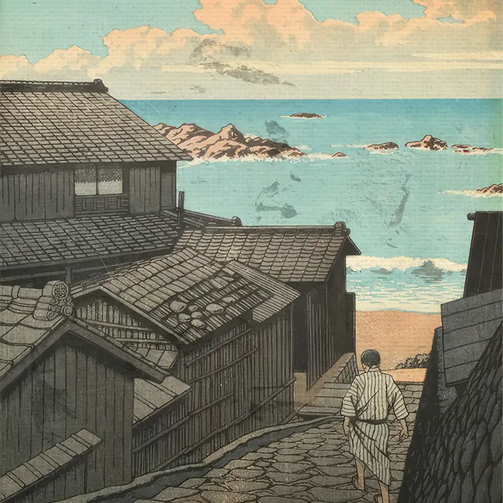 Traditional Japanese landscape painting depicting a coastal view with quaint houses and a figure walking down a stone path towards the sea.