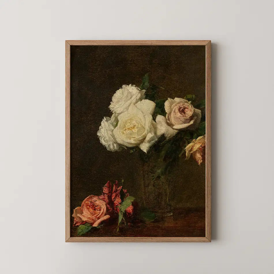 Framed painting of white and pink roses against a dark background