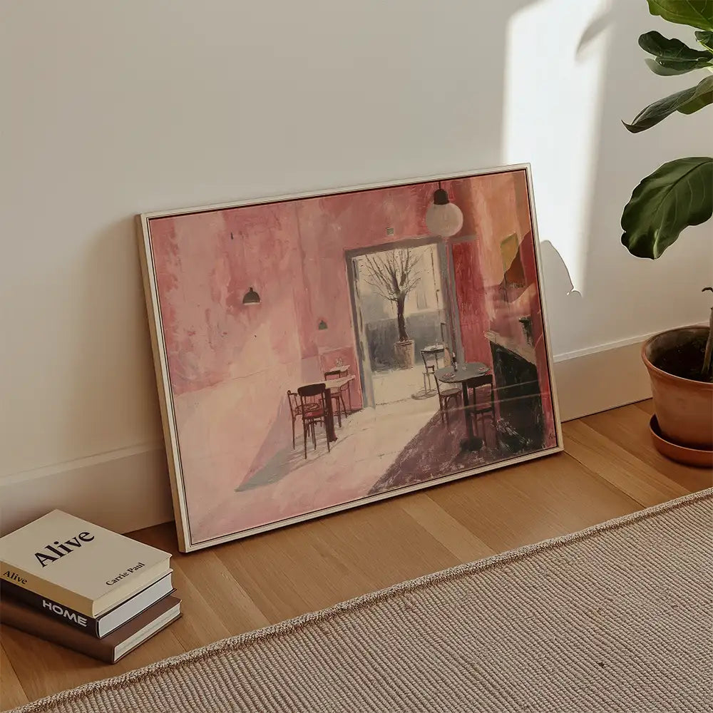 Modern poster of a famous painting featuring a cozy café interior with pink walls, tables, and a view of a tree through an open door.