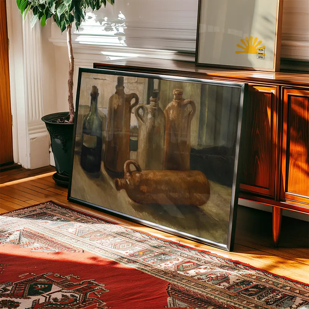 Framed painting of various glass and ceramic bottles displayed on a wooden surface in a well-lit room with a patterned rug.