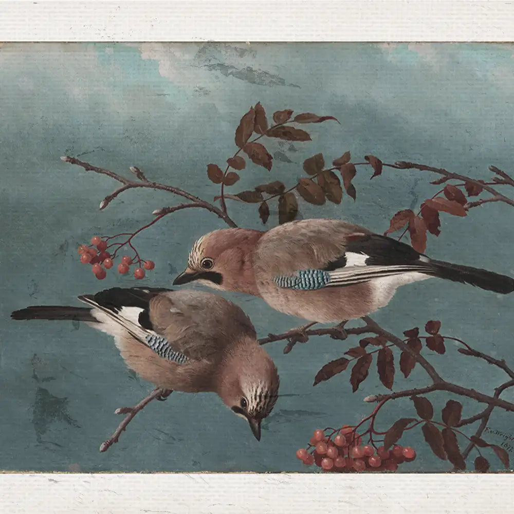 Painting of two birds perched on a branch with red berries and autumn leaves against a blue background.