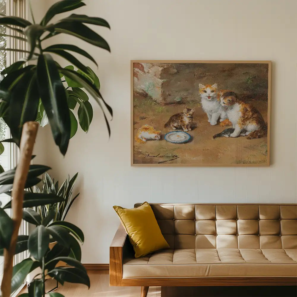 Painting of three cats by a food dish, displayed above a modern couch and surrounded by indoor plants.
