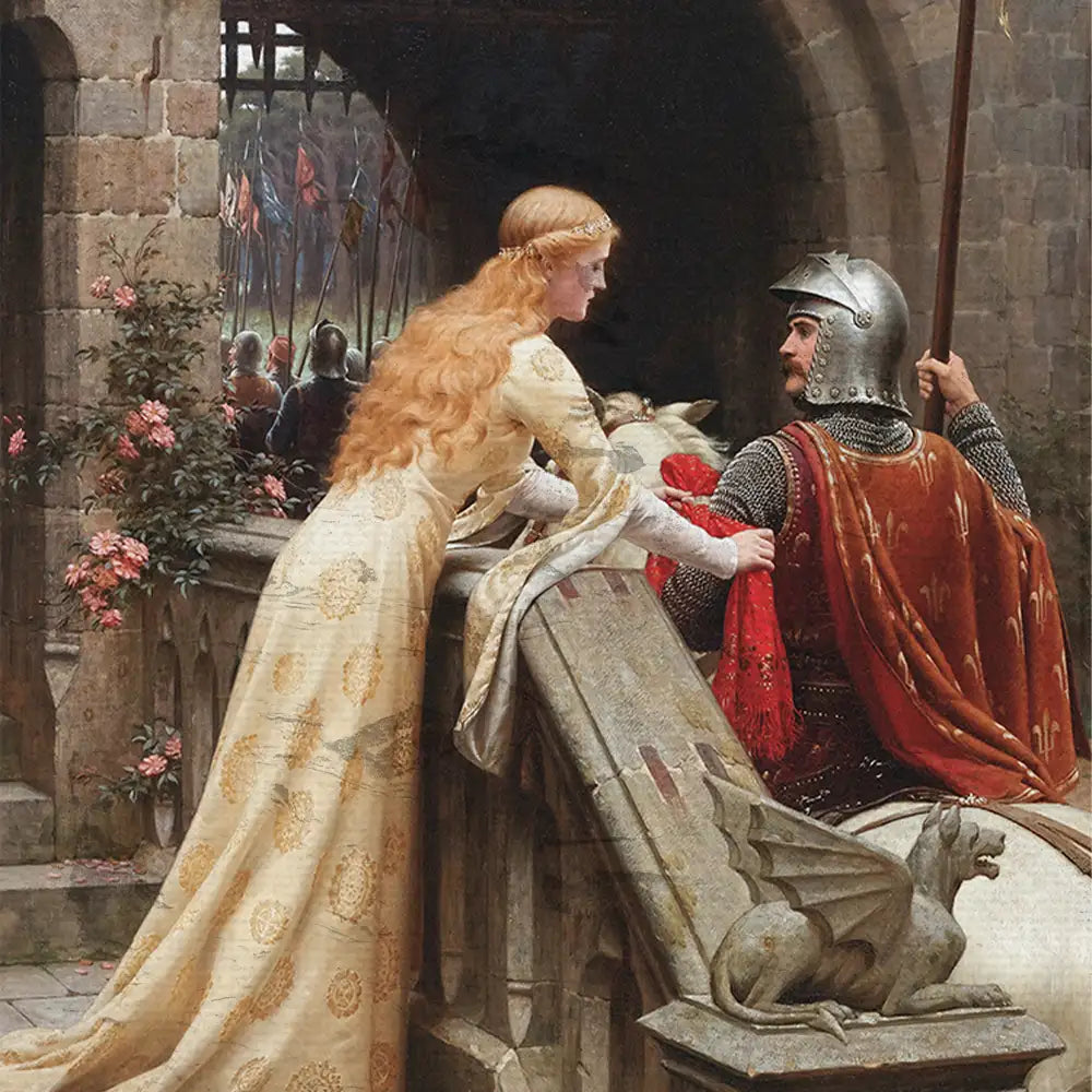 Painting of a romantic medieval scene featuring a man in armor and a woman in a flowing gown, engaged in an intimate moment near a stone wall adorned with flowers and a decorative dragon sculpture.