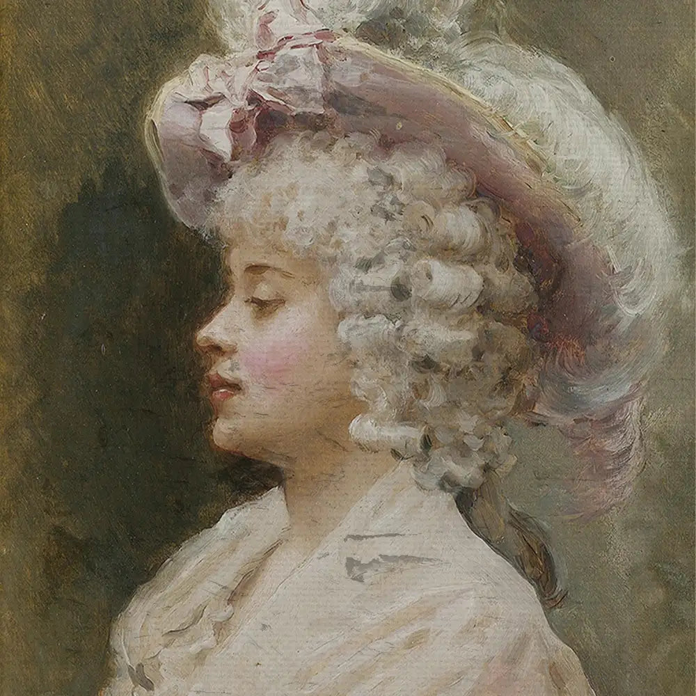 Portrait of a young woman with curly white hair wearing a large decorative hat, painted in soft pastel colors.