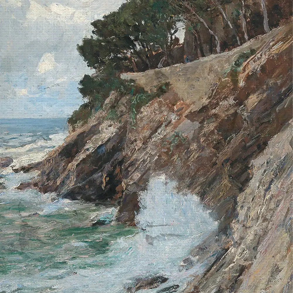 Seascape painting depicting waves crashing against rocky cliffs with greenery above under a cloudy sky.