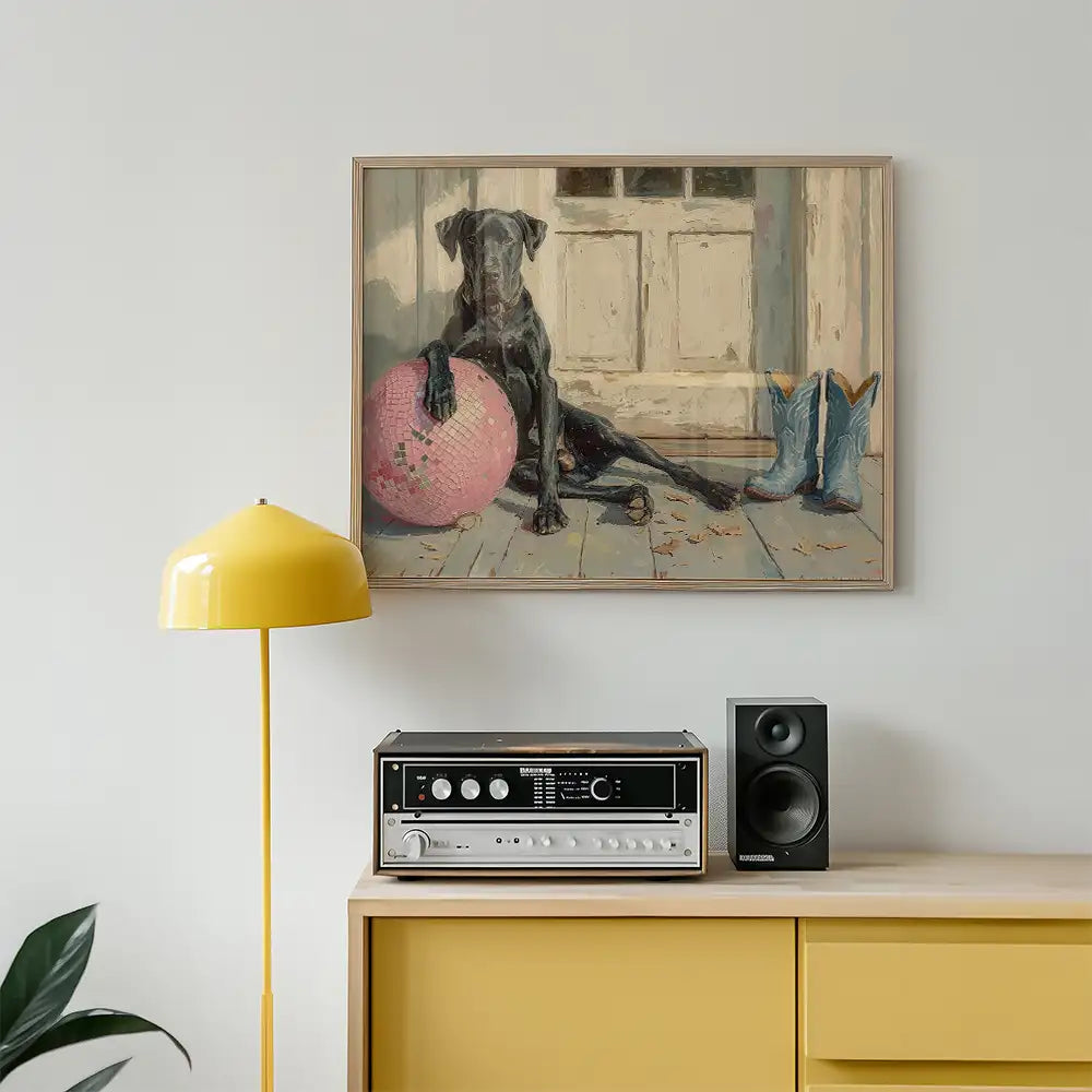 Modern poster of a black dog resting with a pink ball and cowboy boots, displayed in a stylish living room decor.