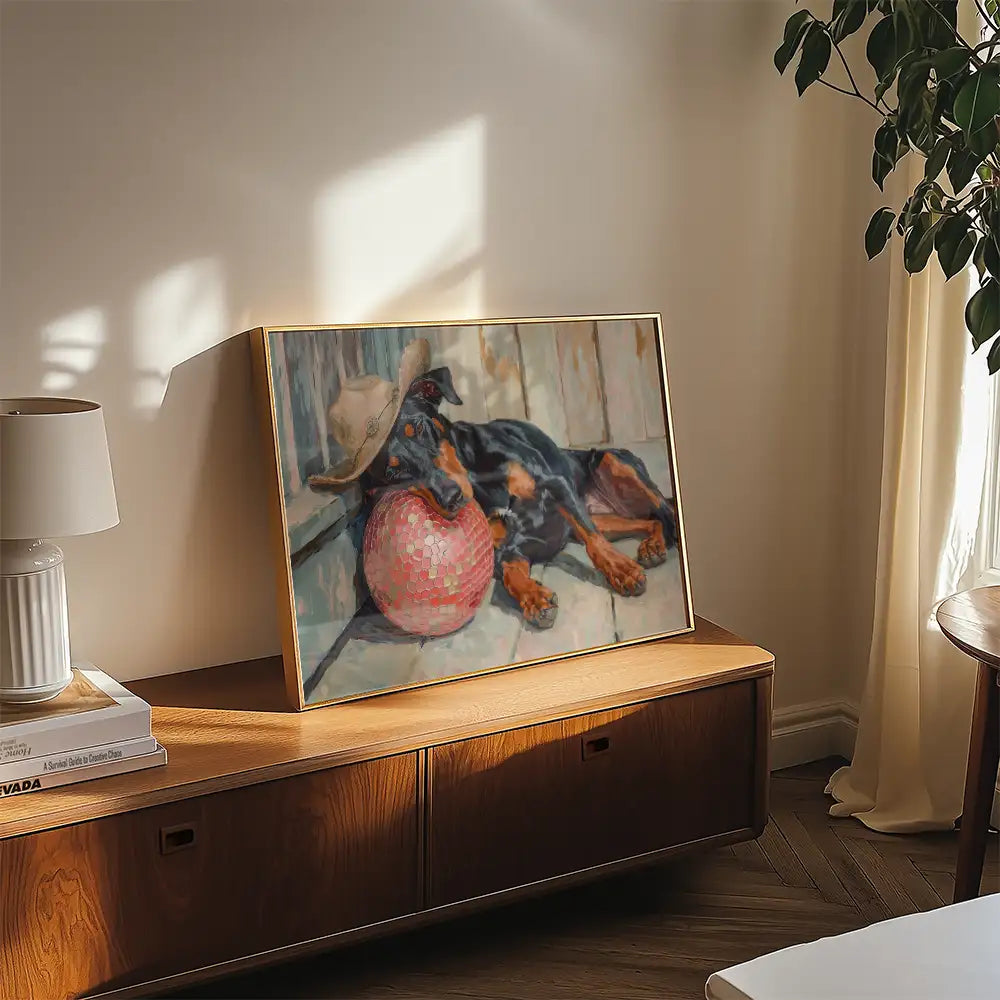 Modern poster of a resting Doberman wearing a hat, lounging beside a pink ball, displayed on a wooden console in a sunlit living room setting.