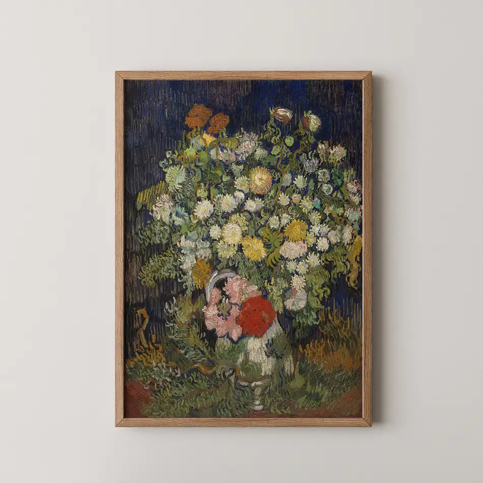 A framed painting of a vibrant flower bouquet in various colors against a dark background.