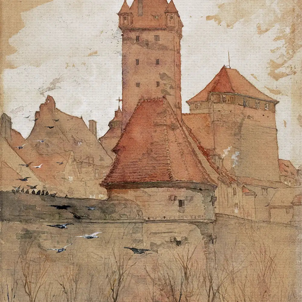Watercolor painting of a medieval town with a tall tower, red-roofed buildings, and birds flying in the background.
