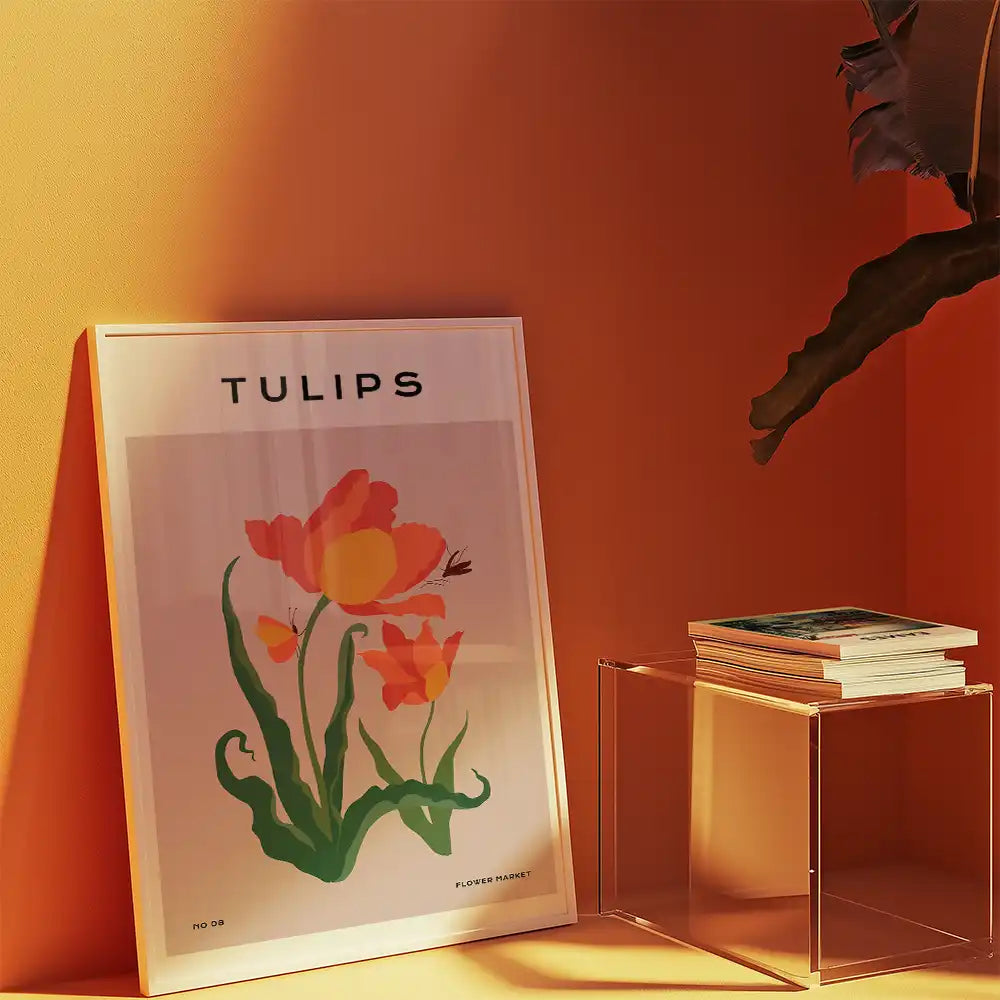 Modern poster of tulips with vibrant colors, featuring contemporary design elements, displayed against a warm orange wall.